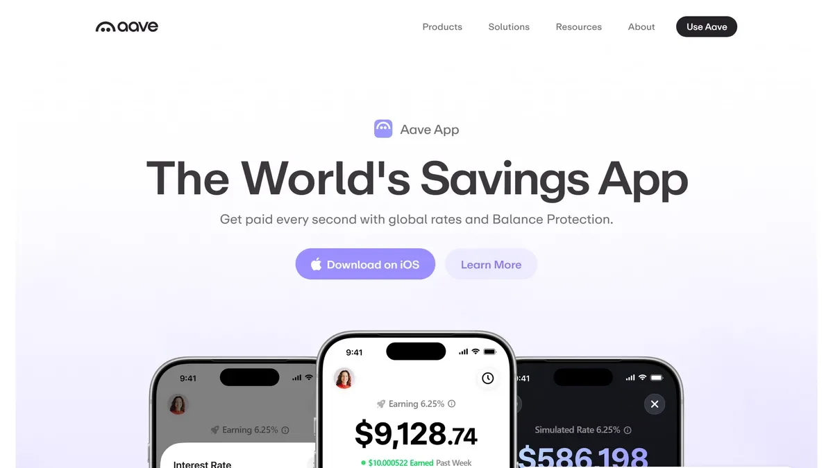 Aave の公式サイトのトップページ（画面内の金額は公式サイトのデモ表示）