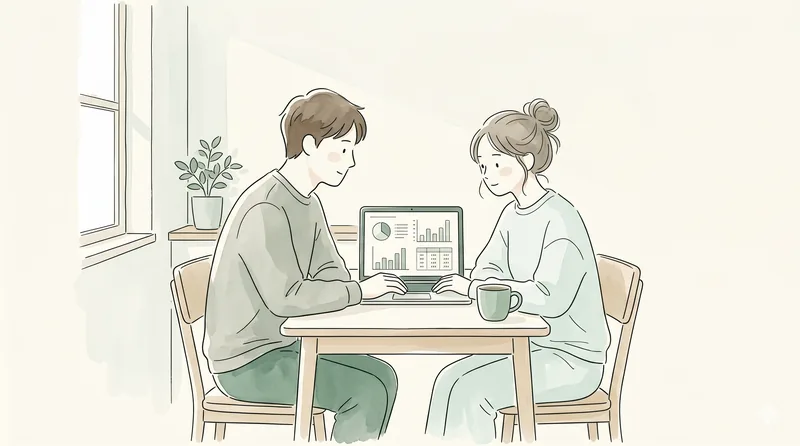 Couple sitting side by side at a kitchen table reviewing expenses on a laptop