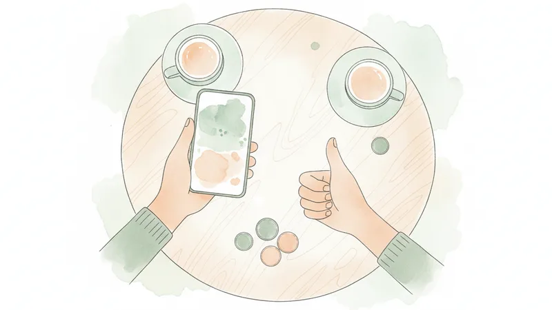 カフェのテーブルでスマホの送金完了を見せ合う手元