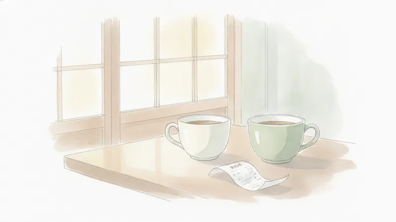 カフェで向かい合うカップルとテーブルの伝票