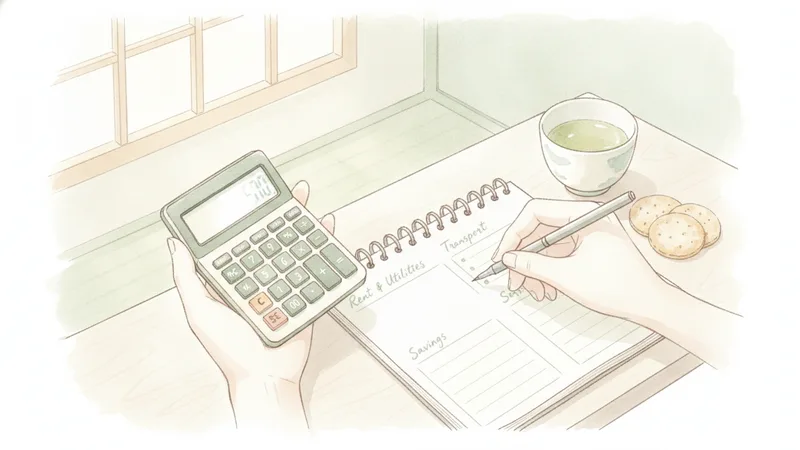 Hands working out a monthly budget with a calculator and notebook