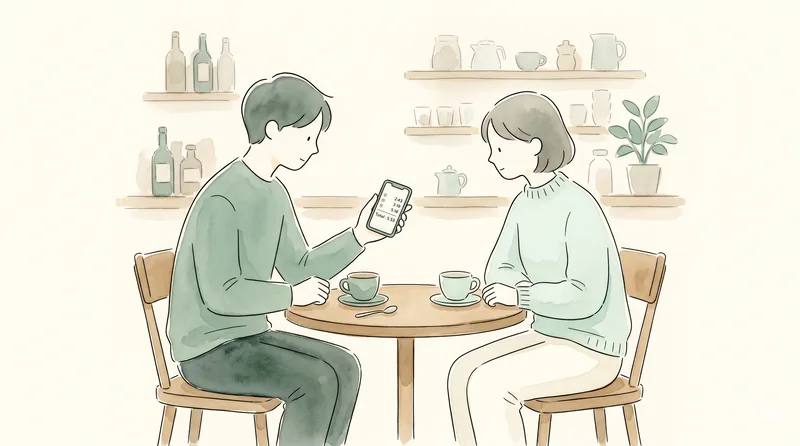 Two people checking a bill-splitting app at a café table