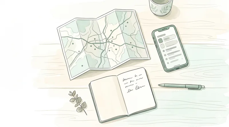 Travel planning with a paper map and smartphone side by side