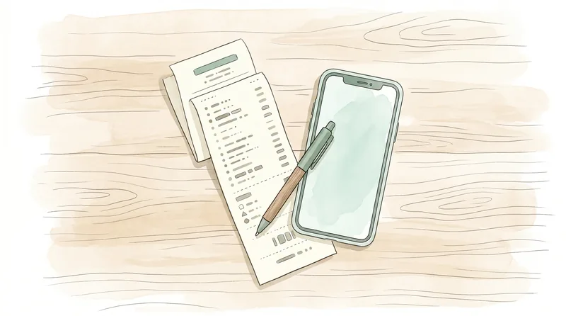 Receipt and smartphone flat lay on a wooden surface