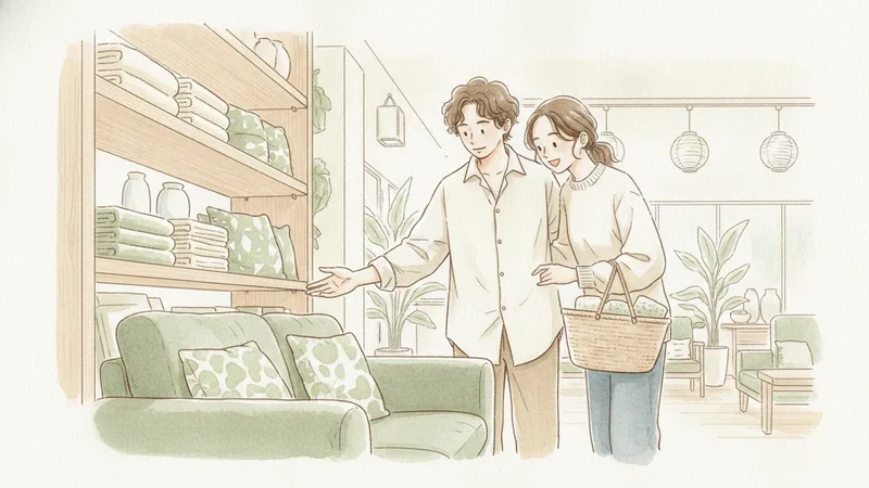 家具店でセージグリーンのソファを見るカップル