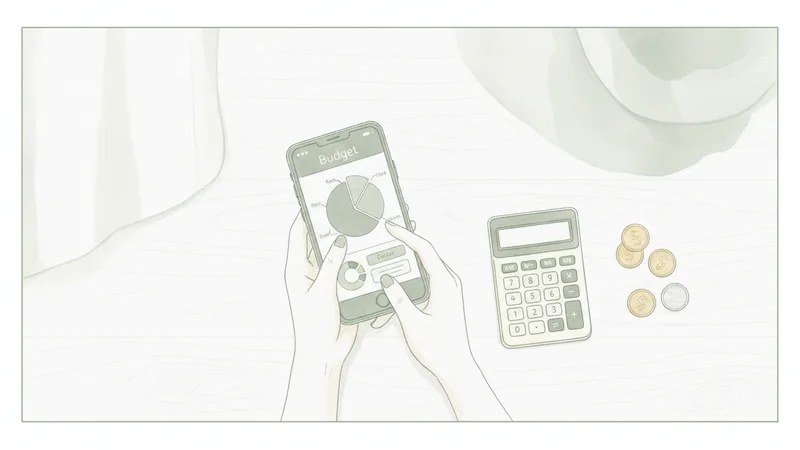 Hands calculating an oshikatsu budget with a calculator and budgeting app