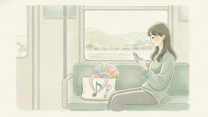 A young woman on a train looking at her phone, with a concert tote bag beside her