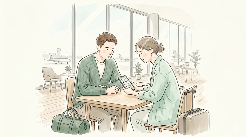 Two people at an airport lounge checking currency conversion on a smartphone