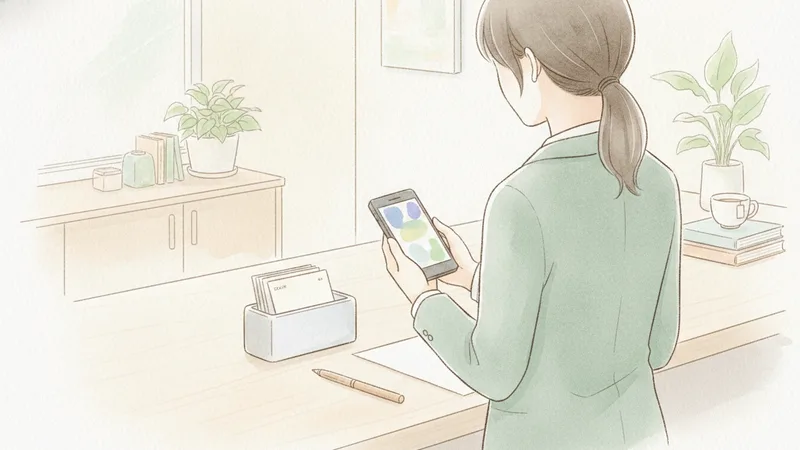 銀行のカウンターでスマホを操作する若い社会人の後ろ姿
