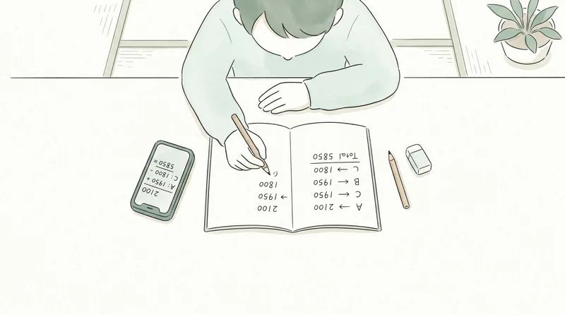 Person writing calculation notes in a notebook with a smartphone showing the settlement screen