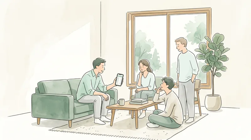 シェアハウスのリビングで住人がスマホを確認している様子