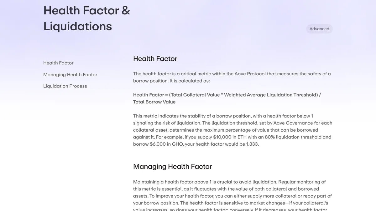 Aave Help Center の「Health Factor & Liquidations」。ヘルスファクターの式と、1 を下回ると清算されうるという説明