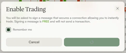 「Enable Trading」の確認。「Signing a message is FREE and will not send a transaction」とある