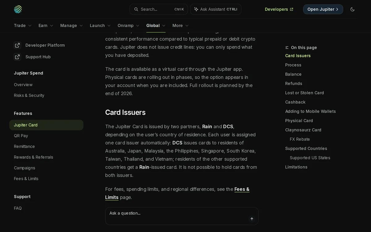Jupiter Docs「Jupiter Card」の Card Issuers の節。DCS が Australia・Japan・Malaysia など 9 か国・地域の居住者にカードを発行し、それ以外は Rain 発行だと説明している