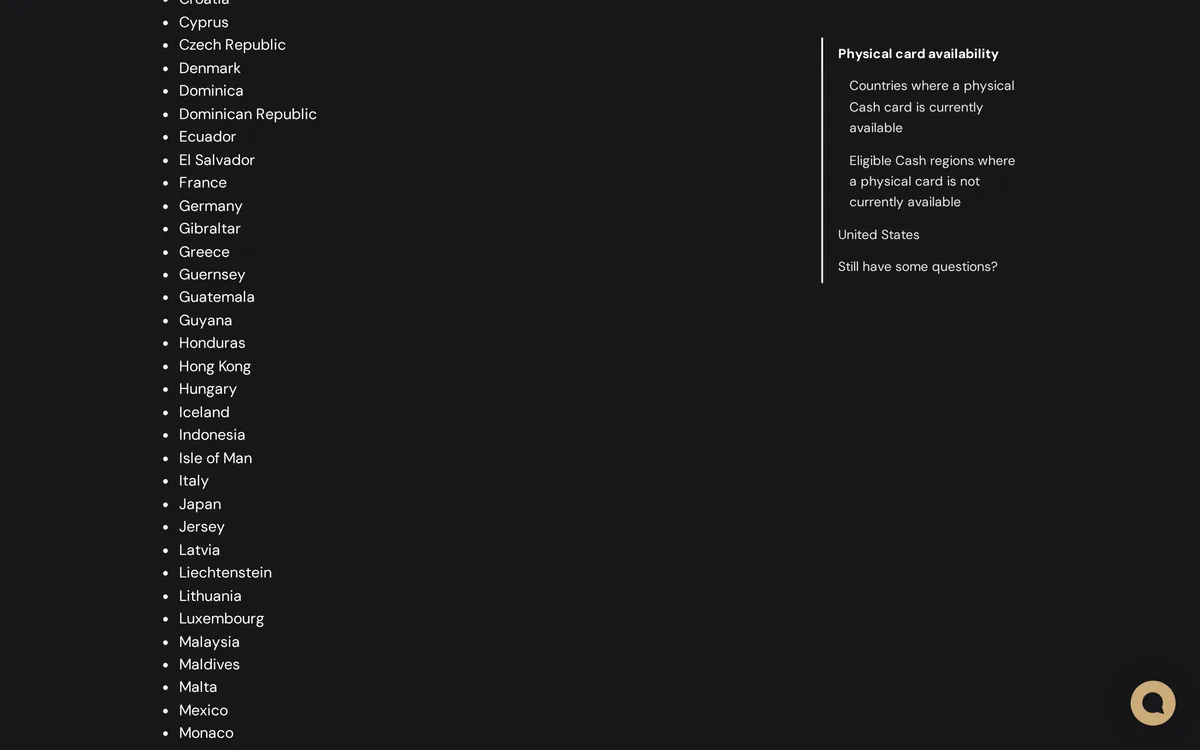 ether.fi Help「In which countries is the Cash card available?」の国リスト。Italy と Jersey の間に Japan が並ぶ
