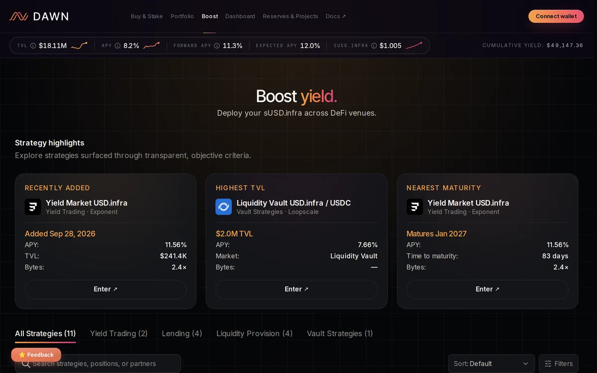 アプリの Boost（ウォレット接続前）。上の 3 枚は Exponent の Yield Market USD.infra（APY 11.56%・Bytes 2.4x・Added Sep 28, 2026）と、Loopscale の Liquidity Vault USD.infra / USDC（$2.0M TVL・APY 7.66%）と、Matures Jan 2027 のカード。下のタブは All Strategies (11) から Vault Strategies (1) まで 5 つ