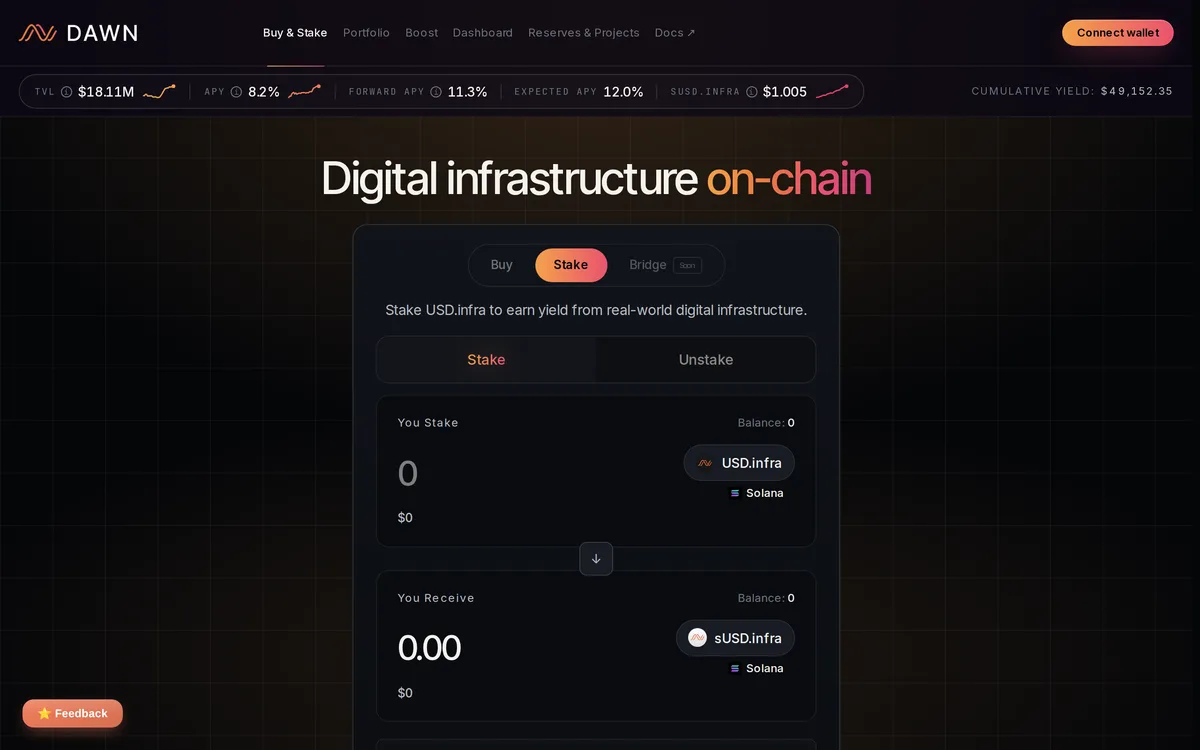 アプリの Stake タブ（ウォレット接続前）。「Stake USD.infra to earn yield from real-world digital infrastructure.」の下に Stake と Unstake の切り替え、You Stake は USD.infra（Solana）、You Receive は sUSD.infra（Solana）