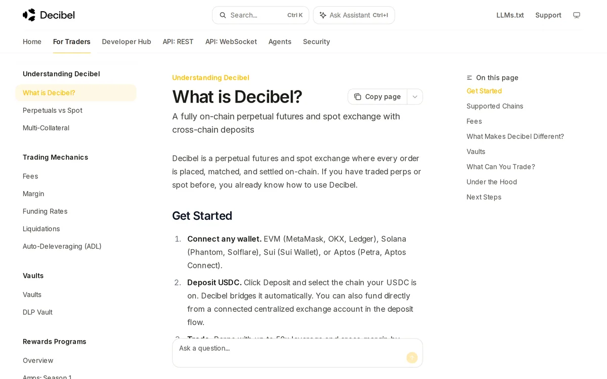 Docs の「What is Decibel?」。Get Started に「Connect any wallet（EVM・Solana・Sui・Aptos）」「Deposit USDC（チェーンを選ぶと自動でブリッジ）」の順で書かれている