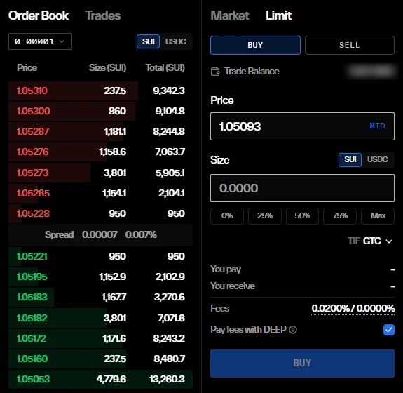 Limit を選んで「Pay fees with DEEP」にチェックを入れたところ。Fees の表示が 0.0200% / 0.0000% に下がる(テイカー / メイカー)