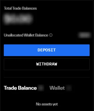右上の残高メニュー。「DEPOSIT」と「WITHDRAW」が並び、WITHDRAW で Trade Balance からウォレットへ戻す(金額はぼかしています)