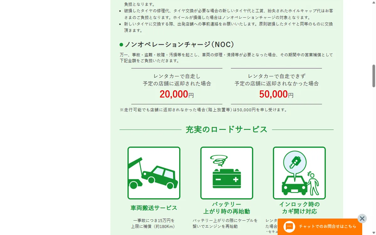 トヨタレンタカー「保険・補償制度」のNOCの説明。自走して予定の店舗に返却した場合は20,000円、自走できず返却できなかった場合は50,000円と書かれている