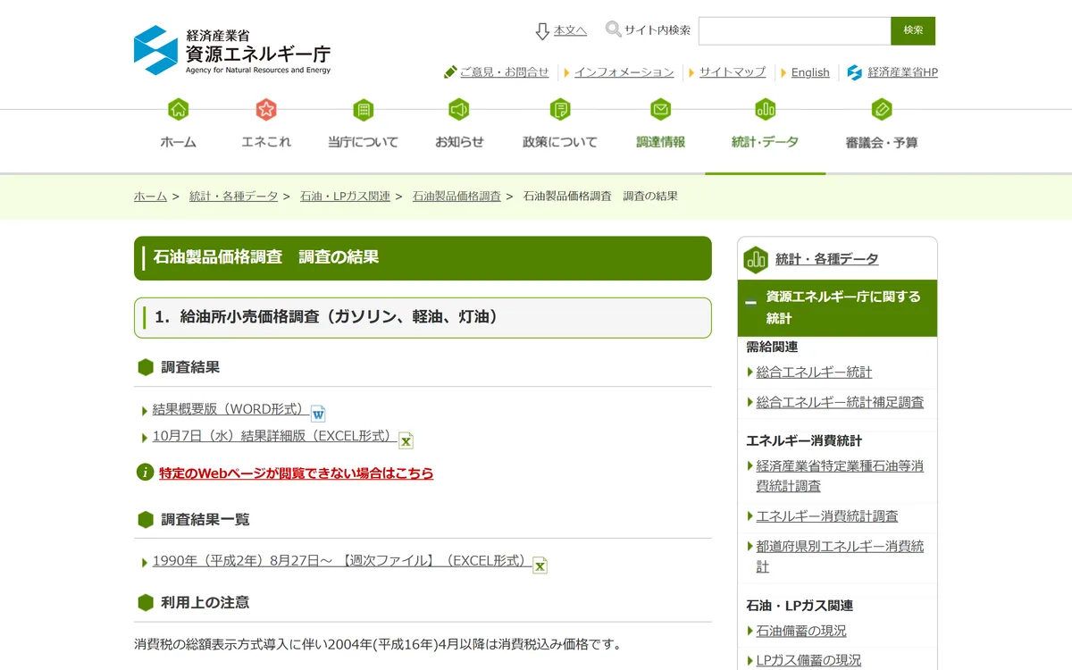 資源エネルギー庁「石油製品価格調査 調査の結果」のページ。いちばん上の「結果概要版」に、最新の全国平均価格(2026年10月5日時点のレギュラーは170.2円/L)が載っている