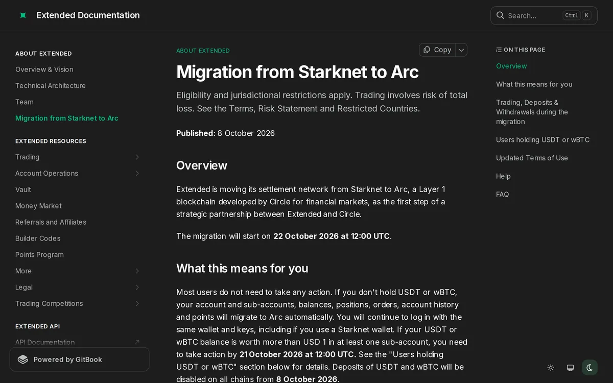 「Migration from Starknet to Arc」。移行は 2026 年 10 月 22 日 12:00 UTC に始まる
