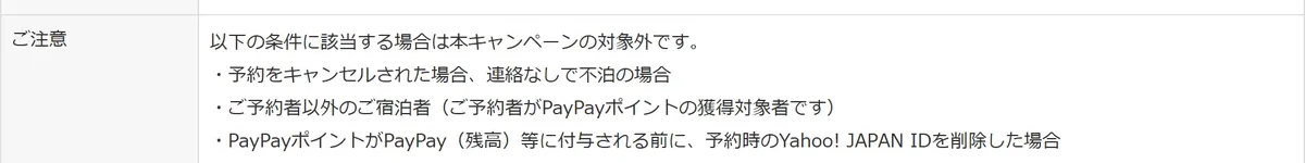 Yahoo!トラベル「いつでもだれでも10%お得」の「ご注意」欄。「ご予約者以外のご宿泊者」は対象外で、予約者がPayPayポイントの獲得対象者と書かれている
