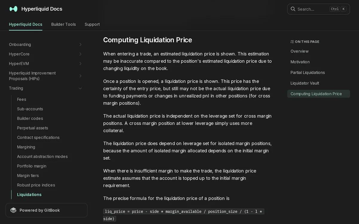 Hyperliquid Docs「Liquidations」の「Computing Liquidation Price」の節。注文時の清算価格は見積もりで板の流動性で変わること、クロスでは設定したレバレッジに依存しないことが書かれ、最後に清算価格の式がある