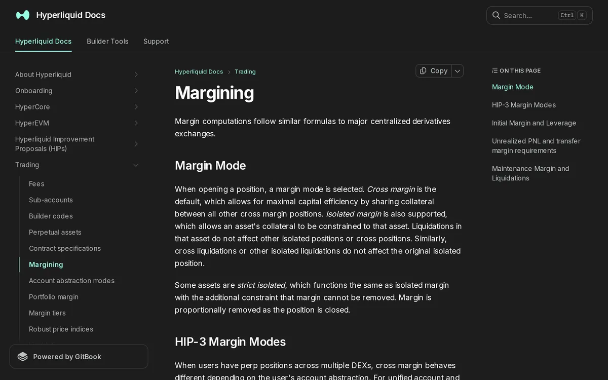 Hyperliquid Docs「Margining」の冒頭。既定はクロスで、すべてのクロスの建玉が担保を共有する。アイソレーテッドはその銘柄に担保を閉じ込め、その銘柄の清算が他の建玉に影響しない、と書かれている