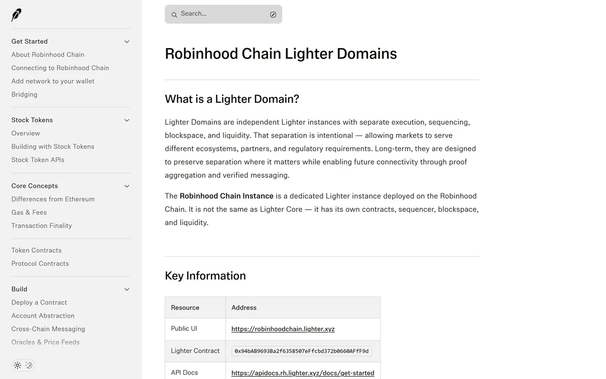Robinhood Chain Docs「Lighter Domains」。Robinhood Chain Instance は Lighter Core とは別で、専用の契約・シーケンサー・流動性を持つと書かれている