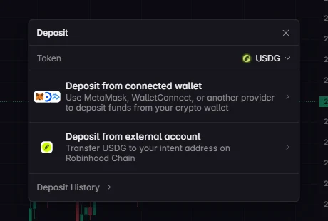 入金の画面。トークンは USDG。「Deposit from connected wallet」と「Deposit from external account」の 2 つから選ぶ