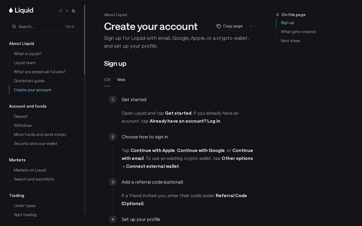 Docs の Create your account(iOS タブ)。Get started → サインイン方法を選ぶ(Apple・Google・メール・外部ウォレット)→ 紹介コード(任意)→ プロフィール、の順に番号が振られている
