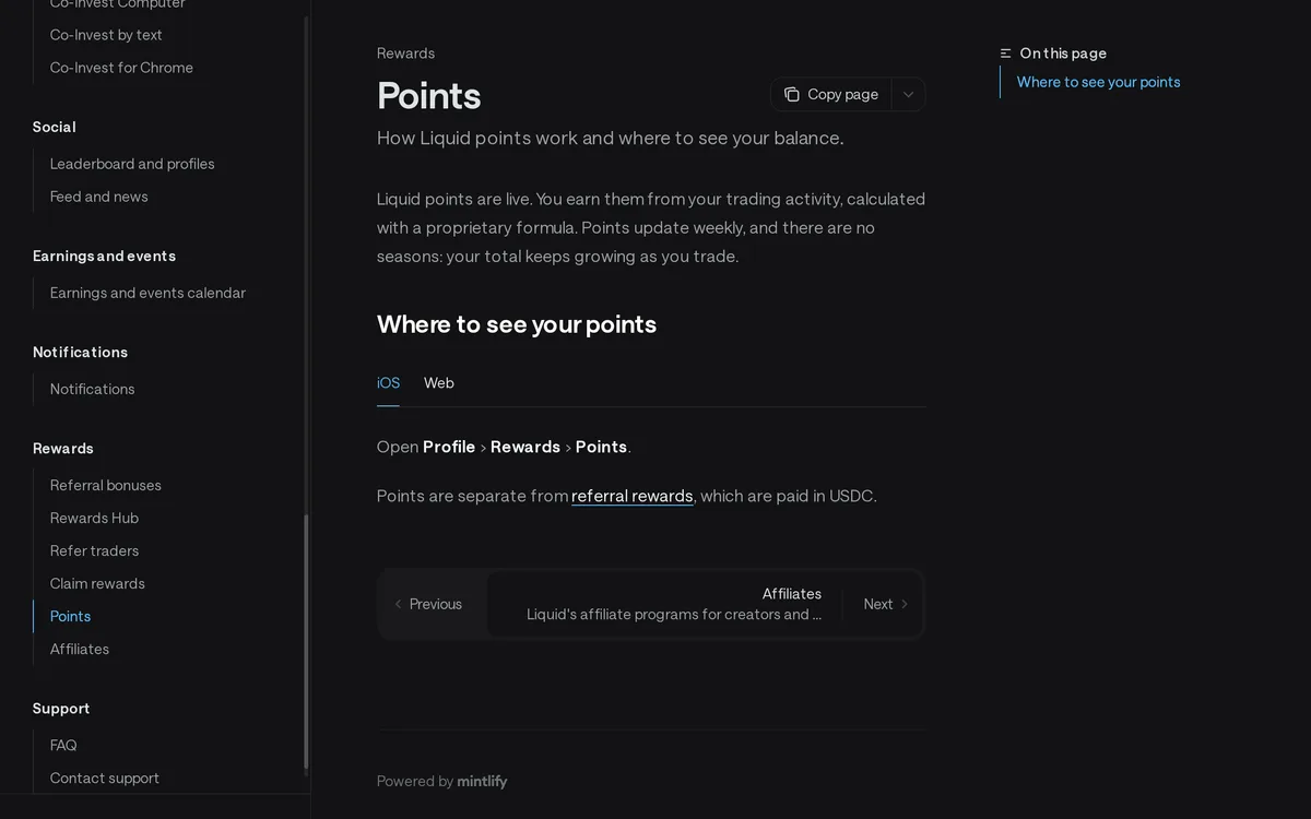 Docs の Points。「Liquid points are live. You earn them from your trading activity … there are no seasons」と、確認場所が Profile → Rewards → Points であること