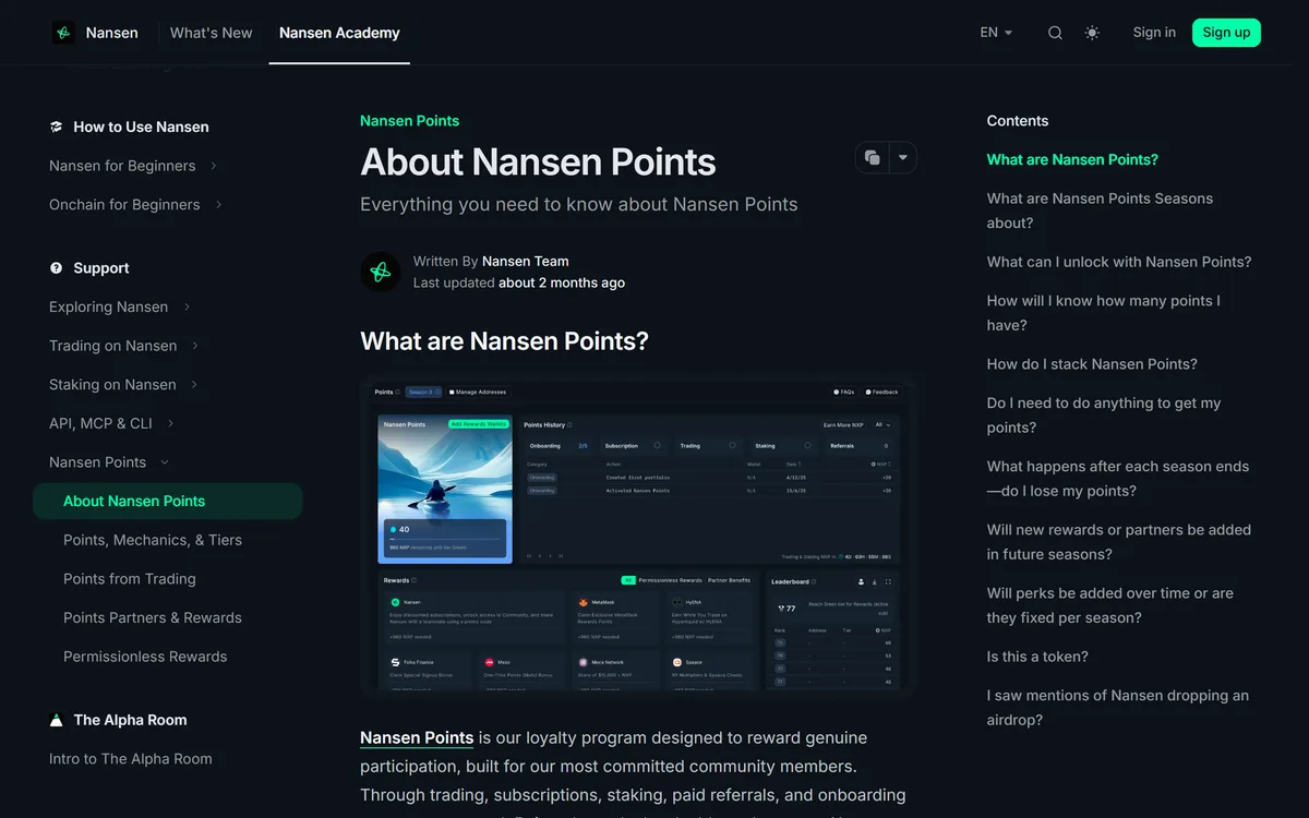 公式ヘルプの Nansen Points の説明。Points Hub ではポイント・ティア・特典をまとめて見られる