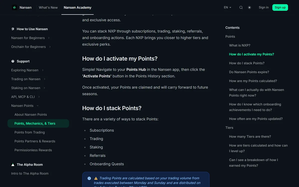 公式ヘルプのポイントの有効化の説明。Points Hub の「Activate Points」を押すと記録が始まる