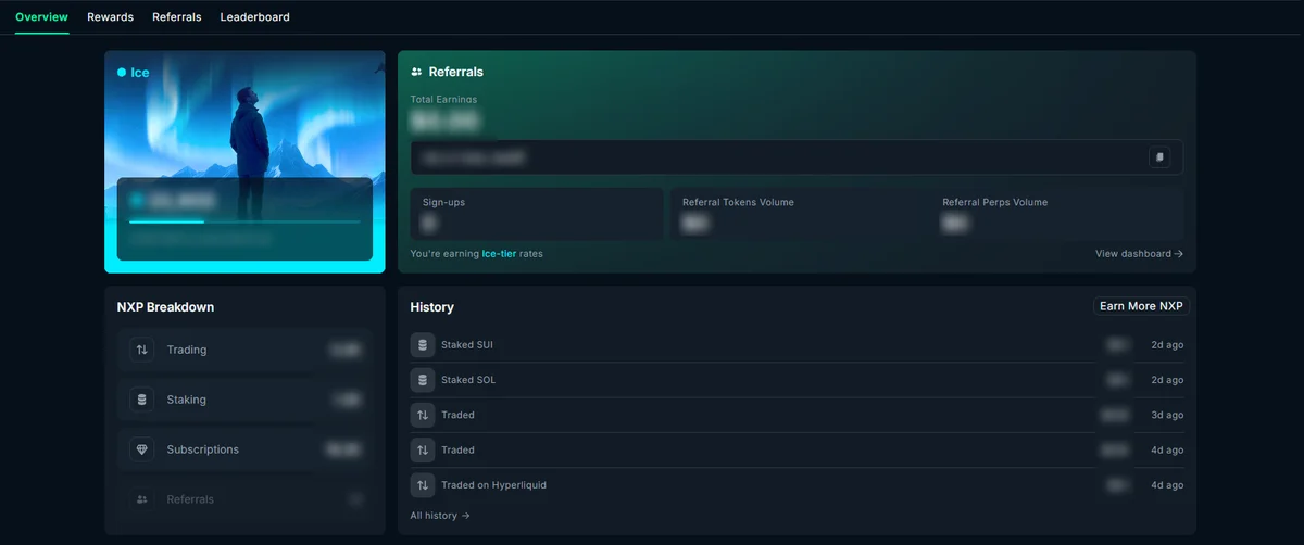 有効にしたあとの Points Hub。左にティア（この画面では Ice）と次のティアまでの NXP、右に紹介の成績、下に NXP の内訳と履歴が並ぶ（数字はぼかしています）