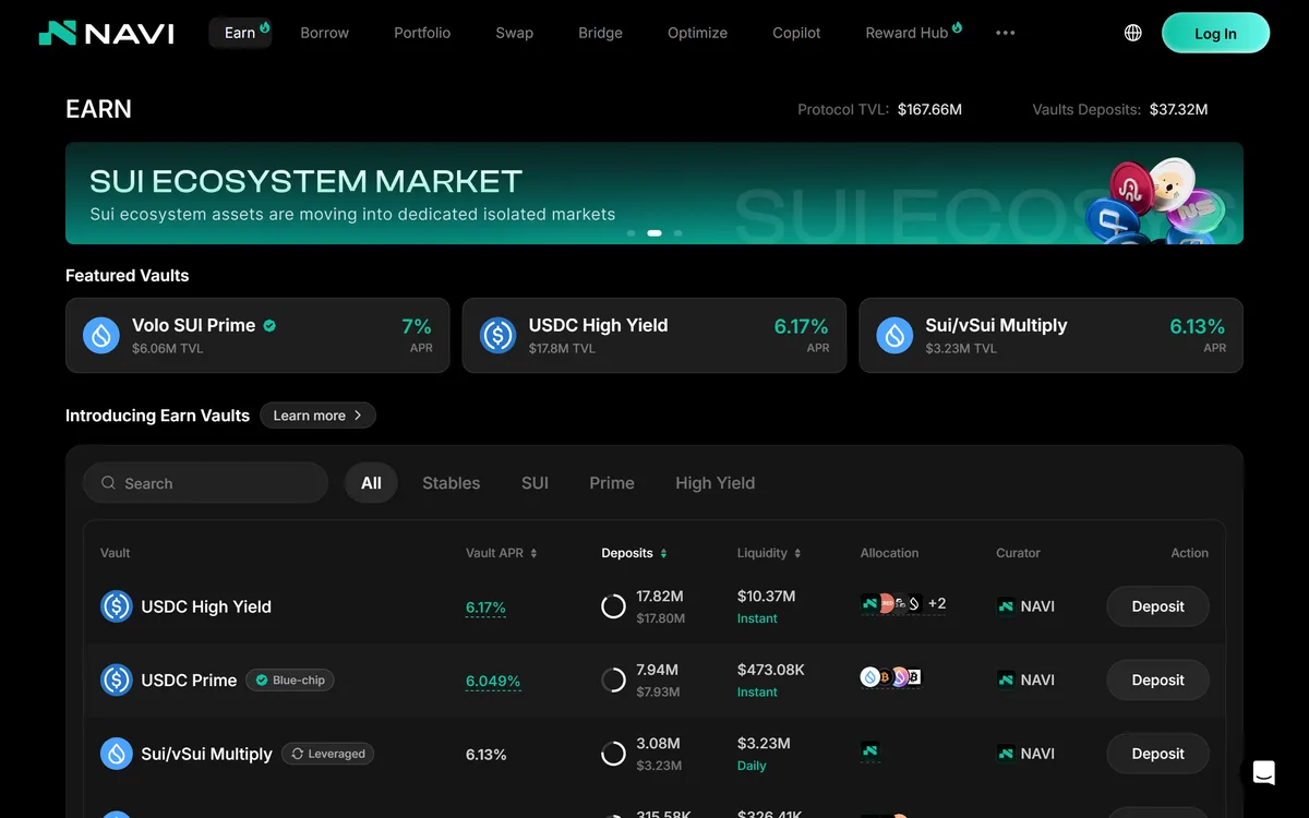 Earn。USDC High Yield 6.17%・USDC Prime 6.049%・Sui/vSui Multiply 6.13% が並ぶ