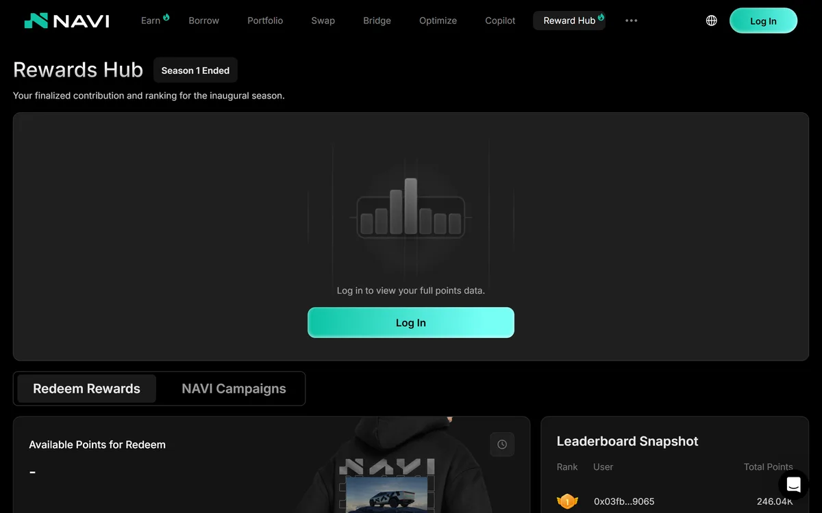 Rewards Hub。「Season 1 Ended」の札と、ポイントの交換所(グッズは Coming Soon)