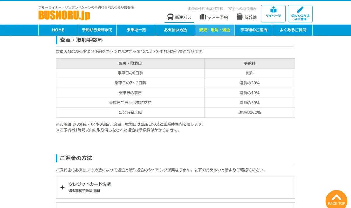 バスのる.jpの取消料の表。前日は運賃の40%、当日は50%