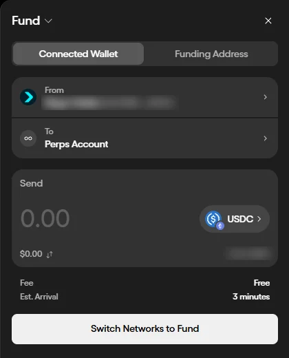 「Fund」の画面。From がつないだウォレット、To が Perps Account。手数料は無料、到着の目安は 3 分（残高はぼかしています）