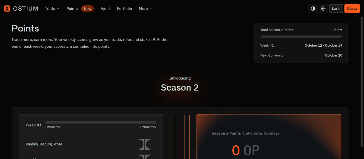 Points の画面。Season 2 のポイント総量 25.0M、「Week 41」(10 月 12〜19 日)と次の変換日が並ぶ