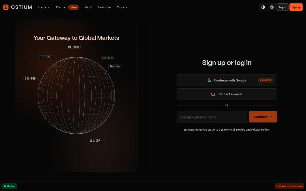 「Sign up」を押すと出る画面。Google・ウォレット・メールの 3 通りから選ぶ