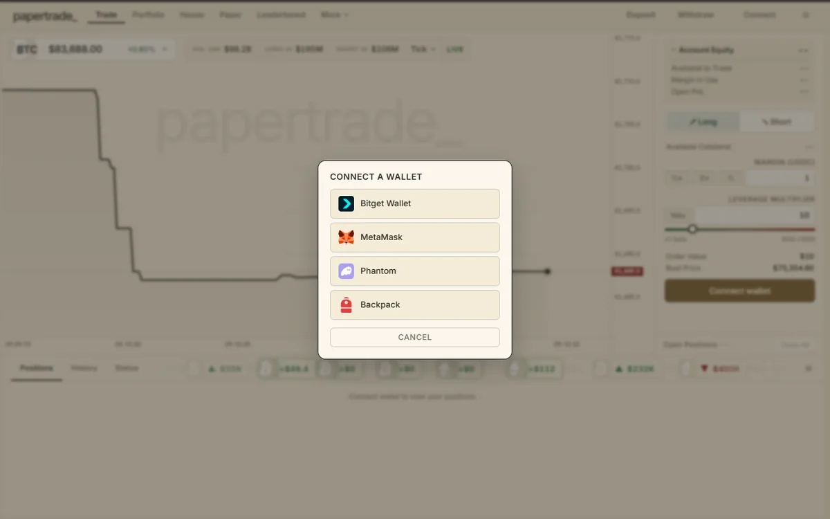 「CONNECT A WALLET」。Bitget Wallet・MetaMask・Phantom・Backpack に対応