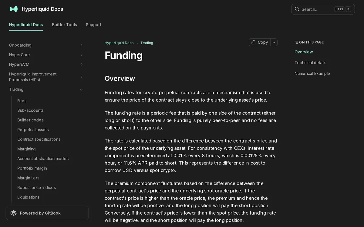 Hyperliquid Docs「Funding」の冒頭。支払いは利用者同士(peer-to-peer)で、取引所は手数料を取らない。金利部分は 8 時間あたり 0.01% と決まっていて、先物が oracle より高ければ Long が Short に払う、と書かれている