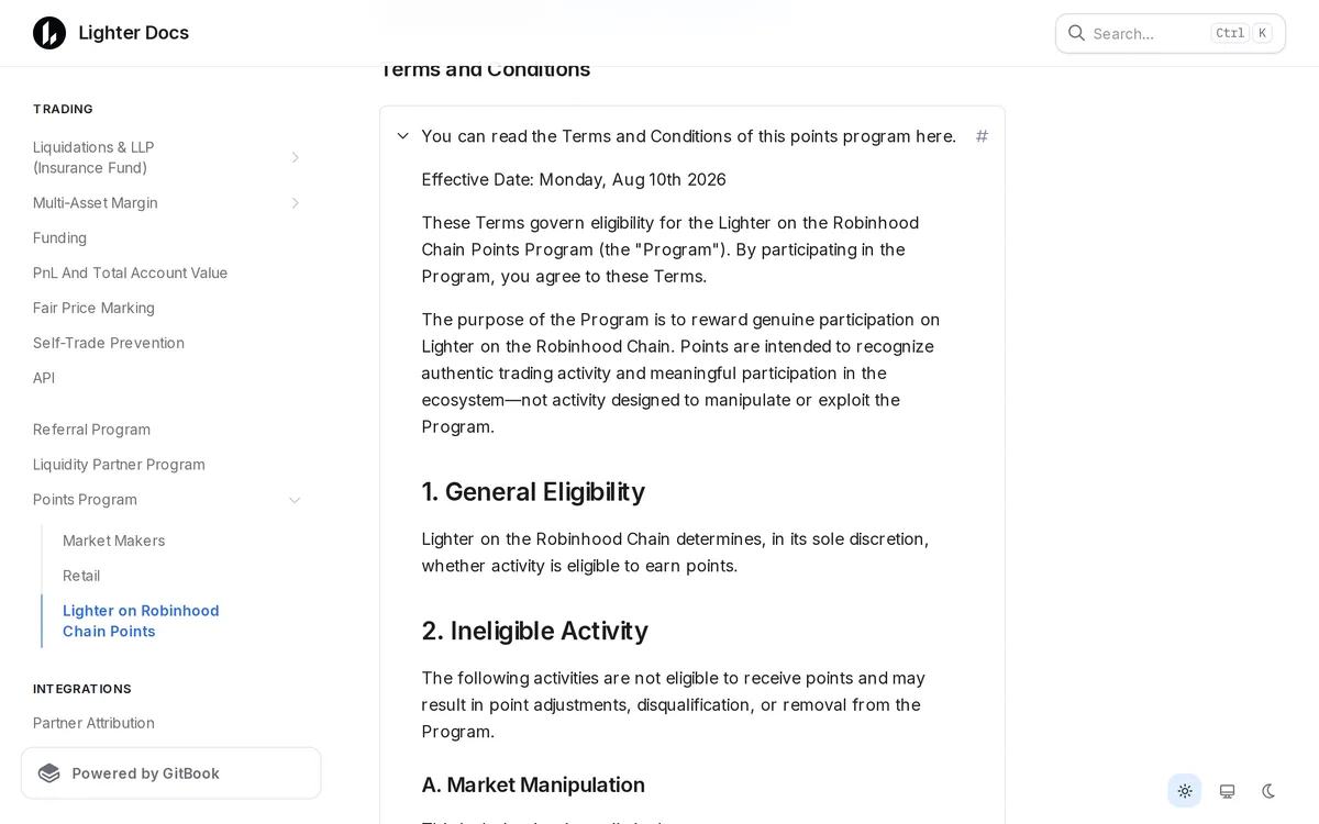 Lighter Docs の Robinhood Chain 版ポイントの規約。発効日は 2026 年 8 月 10 日で、その下に対象外の行為(Ineligible Activity)が続く