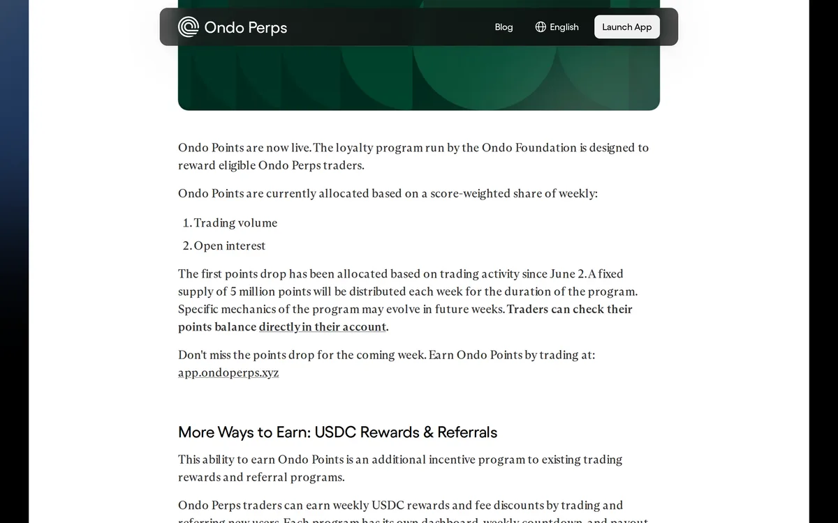 Ondo Perps のブログ「Earn Ondo Points」。配分は Trading volume と Open interest の 2 つ、毎週 500 万ポイント固定とある