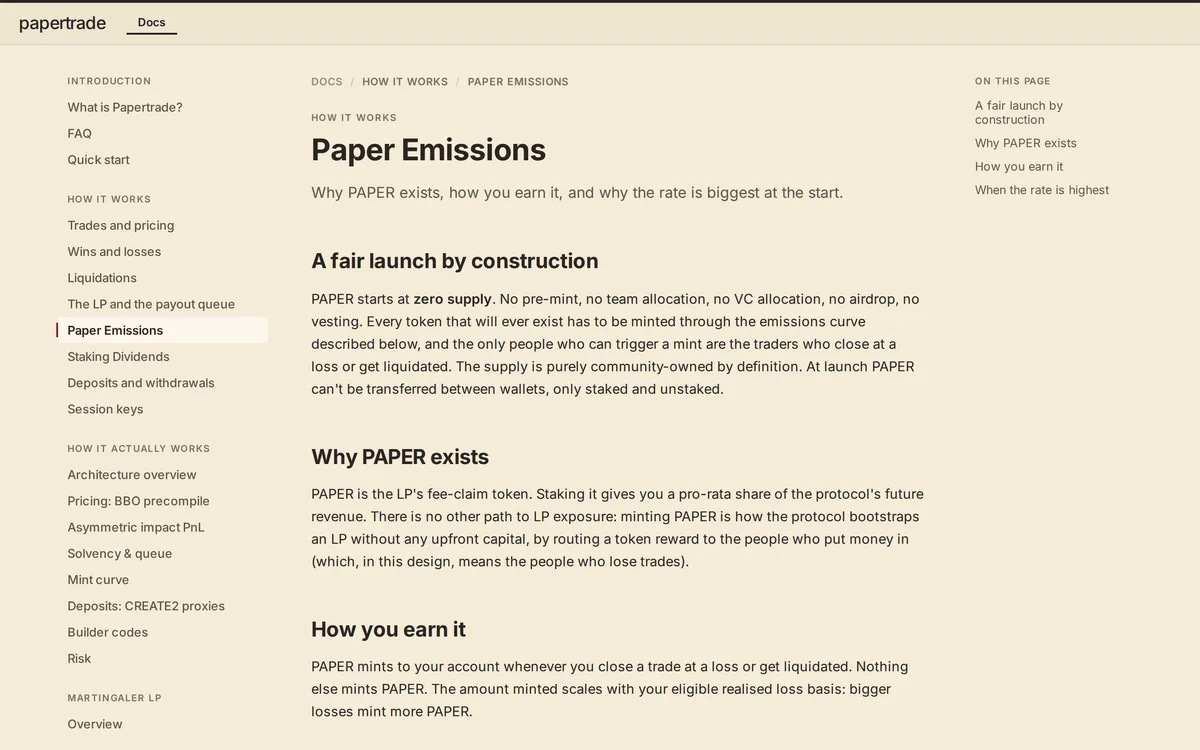 Papertrade Docs「Paper Emissions」。LP の大きさでミントレートが決まる仕組み