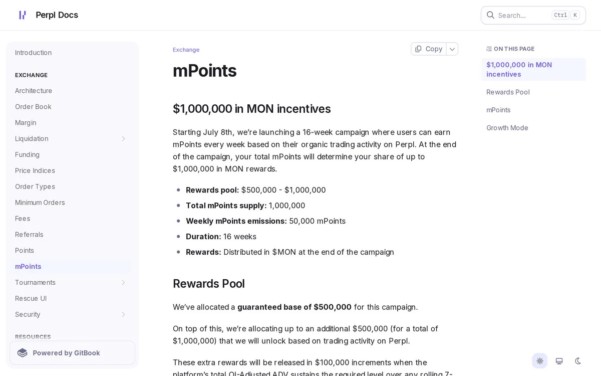 Docs の mPoints のページ。Rewards pool $500,000〜$1,000,000・Total mPoints supply 1,000,000・Weekly 50,000・Duration 16 weeks