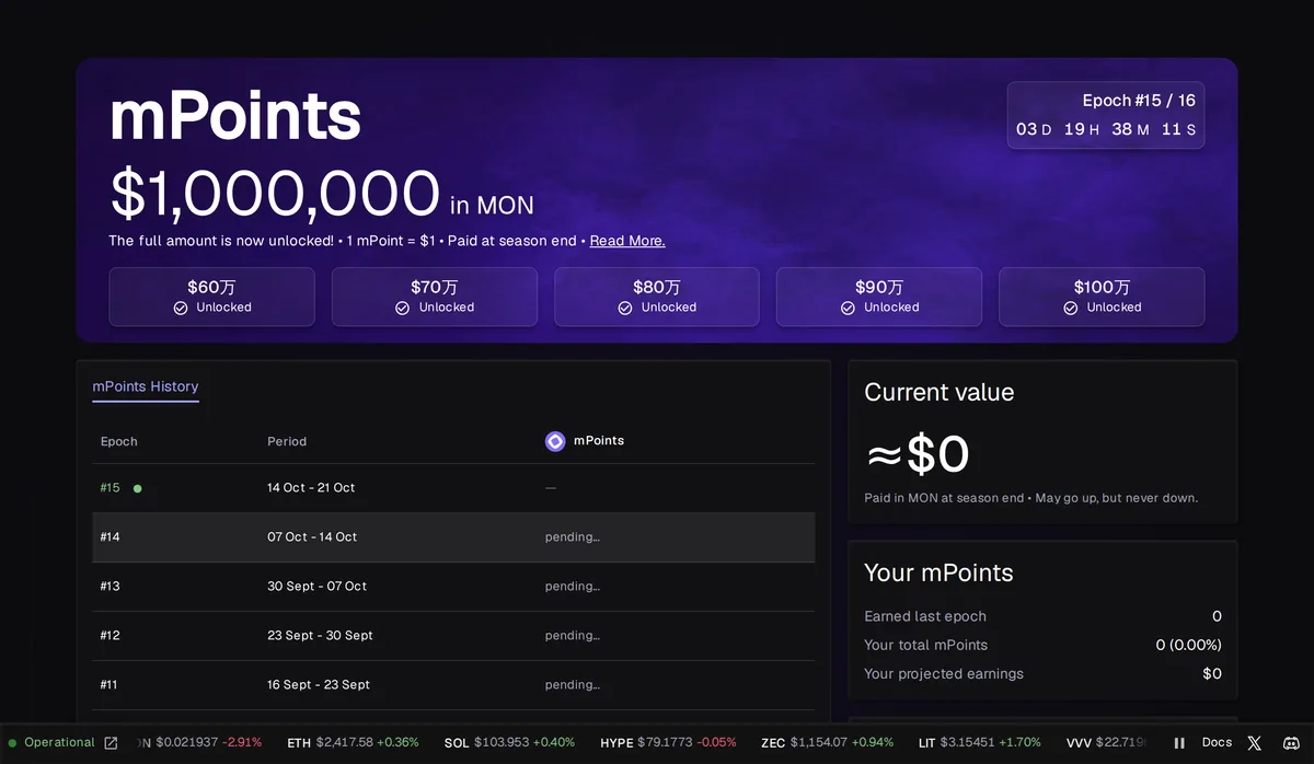アプリの mPoints 画面。「$1,000,000 in MON」「The full amount is now unlocked! • 1 mPoint = $1」と Epoch #15 / 16 の表示